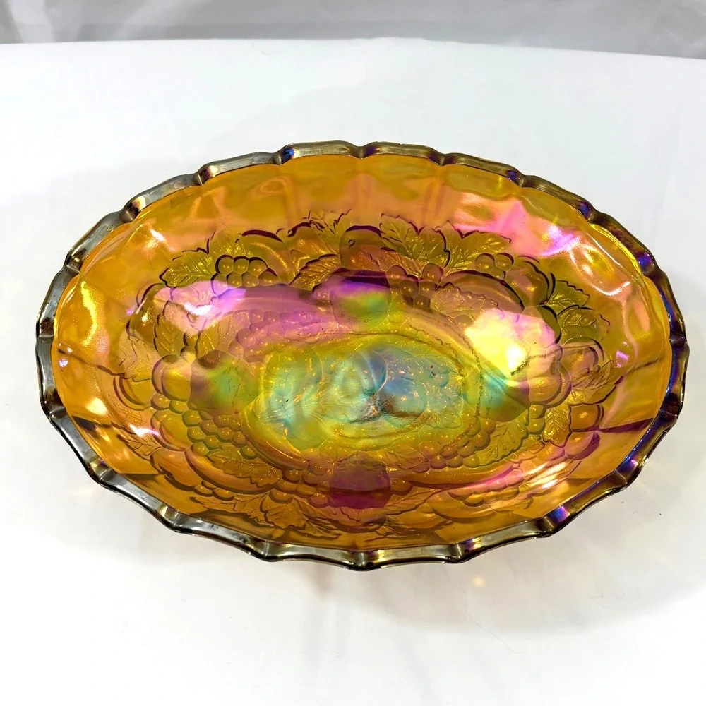 Vintage Amber Carnival Glass Footed Fruit Bowl– Iridescent Marigold Grape & Leaf
